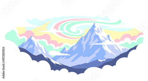 Stylized mountain peak landscape with pastel clouds and swirling sky