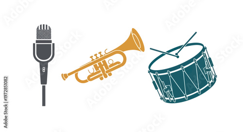 Set of musical instrument icons including microphone trumpet and drum