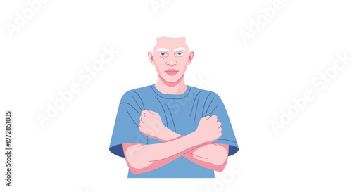 Illustration of a young man with albinism standing with his arms crossed.