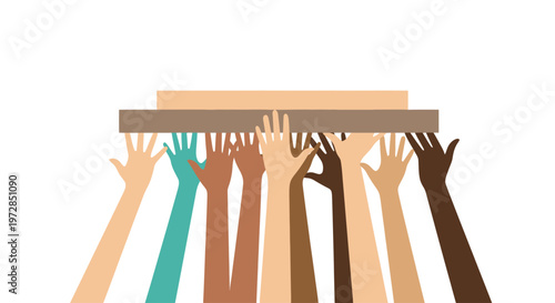 Diverse hands working together to support a platform symbolizing teamwork and unity.