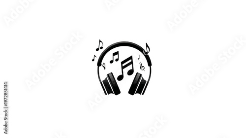 Black Headphones with Musical Notes Icon - Audio Listening, Sound, Entertainment, Digital Music Symbol
