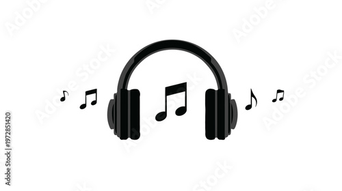 Sleek black headphones with musical notes floating on a clean white background, symbolizing audio, music, sound, and listening.