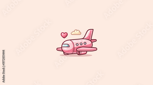 Cute pink cartoon airplane flying with a heart and cloud. Sweet vector illustration symbolizing travel, love, and dreams.