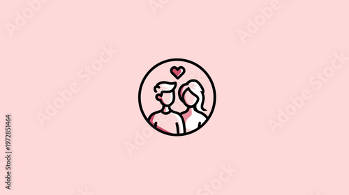 Cute couple in love icon illustration. Minimalist design with heart symbol on pink background, representing romance and partnership.