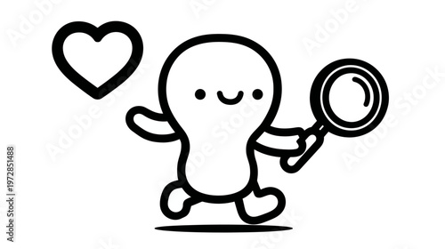 Adorable cartoon character running with a magnifying glass, searching, exploring, and discovering love or joy. Simple black and white line art.