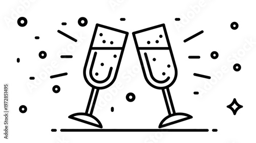 Festive line art icon: Two champagne glasses clinking with bubbles and sparks for a toast. Celebration, success, party, new year, cheers event.