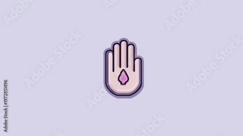 Spiritual open hand icon with purple drop symbol. Flat design vector illustration representing peace, meditation, and harmony.