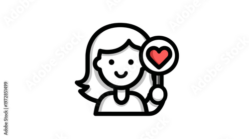 Smiling woman holding a red heart icon. Concept of love, affection, caring, customer satisfaction, or self-love symbol.