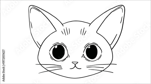 Cute cartoon cat head illustration with big eyes and whiskers, simple black and white outline drawing of an adorable feline pet