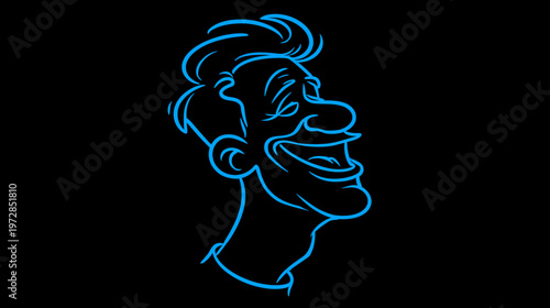 Bright Neon Blue Cartoon Man Laughing Profile Outline on Black Background, Expressing Joy and Humor