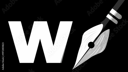 Minimalist black and white graphic design featuring a stylized white letter W and a calligraphy pen nib, symbolizing writing and creativity.