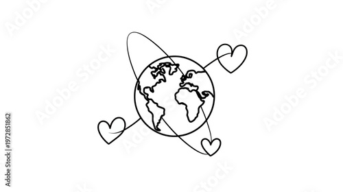 Continuous line art illustration of global love and connection, featuring Earth with orbiting hearts, symbolizing unity, peace, and social care.