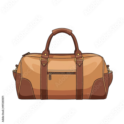 Old-fashioned leather sports duffel bag, vintage travel gear for athletes, nostalgic soccer equipment storage, warm sepia and tan tones, minimalist flat vector artwork, clipart style, absolute