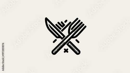 Vintage style hand-drawn crossed knife and fork icon. Graphic illustration for restaurant, dining, culinary, food service, and kitchen design.