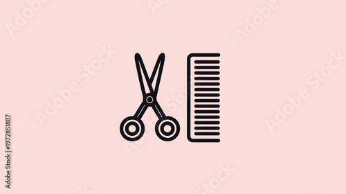 Hairdressing salon tools icon with scissors and comb, line art vector symbol for barber shop or beauty business on pink background