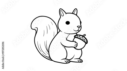 Cute cartoon squirrel holding an acorn, black and white line art illustration. Adorable animal character drawing.