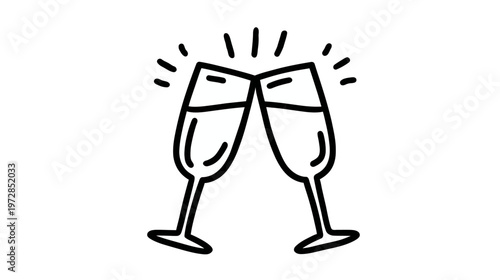Champagne glasses clinking toast icon. Celebration doodle line art for party, event, wedding, New Year, anniversary. Cheers concept.