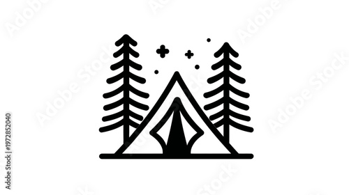 Minimalist outline illustration of a camping tent between pine trees under a starry night sky, symbolizing outdoor adventure and nature.