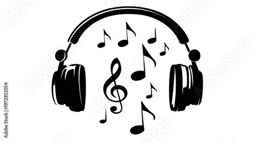 Stylish black over-ear headphones with musical notes flying, a vibrant illustration symbolizing audio entertainment and immersive sound experience