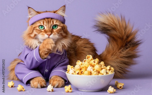 Fluffy cat in purple pajamas enjoys popcorn tail curled eyes wide