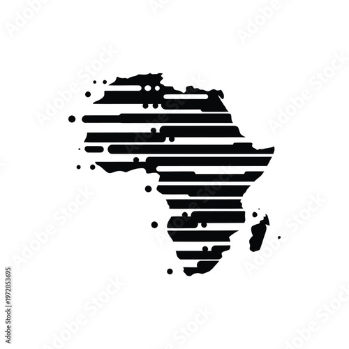 The continent of Africa is depicted in a stylized illustration with horizontal lines and dots on a white background.