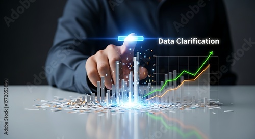 Data clarification concept. An analyst's hand touches a button that transforms a messy bar chart hologram into a simple, clear line graph, symbolizing insight.