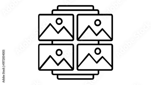 Minimalist macro lens line icon vector illustration featuring a grid of four landscape images, perfect for photography apps, camera interface design, gallery icons, and digital media projects.