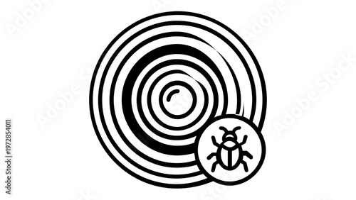 Minimalist vector illustration of a camera lens icon with a bug symbol, representing software debugging, technical errors, or digital photography issues in a clean flat line art style.