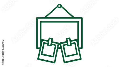 Green line art vector icon illustration of a hanging picture frame with two polaroid photos clipped to the bottom, representing memories, photography gallery, and home decor minimalist design.
