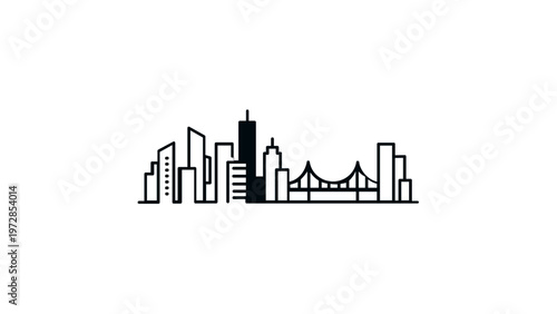 Minimalist City Skyline and Bridge Vector Icon Illustration; Modern Urban Panorama Graphic with Skyscrapers and Suspension Bridge Design, Scalable Flat Line Art for Web and Print Projects.