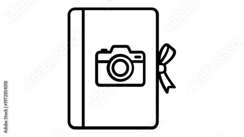 Minimalist vector icon illustration of a photo album or memory book featuring a camera symbol on the cover and a decorative ribbon bow, clean line art design for photography and scrapbooking.
