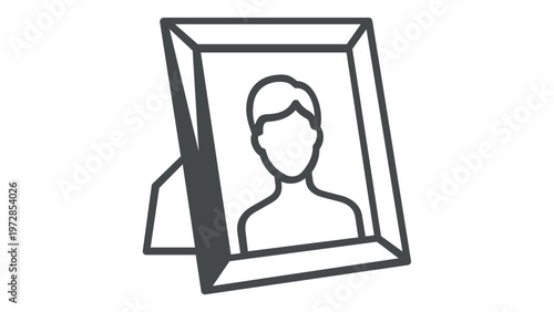 Minimalist vector illustration of a framed portrait icon. Line art drawing of a picture frame with a person silhouette, representing photography, memories, and personal profiles for web design.