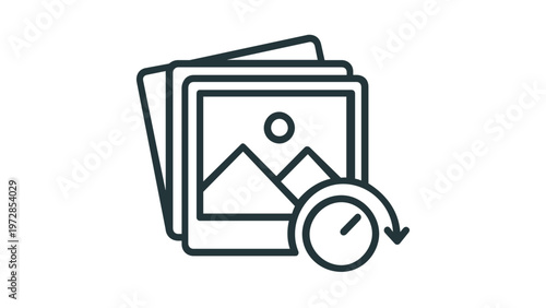 Photo history and image backup vector icon illustration featuring a stack of landscape photographs with a circular arrow clock timer symbol for gallery recovery, editing, or filter application.