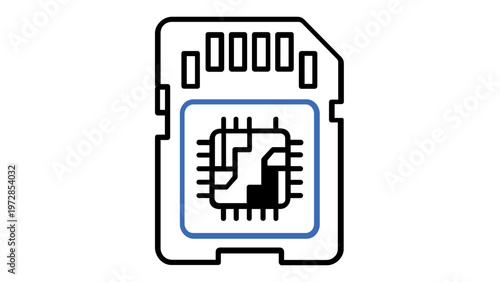 Minimalist vector illustration of a digital SD memory card icon with a microchip symbol, representing data storage, flash memory, and photography technology for cameras, smartphones, and devices.