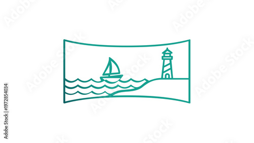 Minimalist panoramic view vector icon illustration showing a sailboat on ocean waves and a lighthouse on the shore, clean line art design for photography, travel, and coastal themes, scalable.