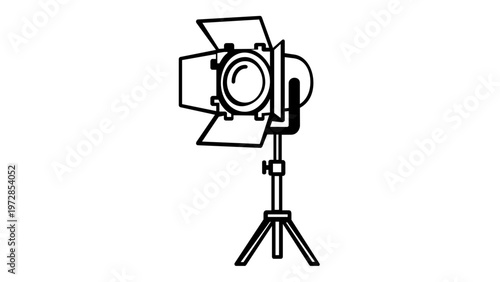 Professional studio spotlight vector icon illustration. Cinema and photography lighting equipment on a tripod stand with adjustable barn doors. Minimalist line art for film and video production.
