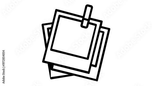 Minimalist Vector Illustration of a Stack of Instant Photo Frames with a Clip, Representing Photography, Memories, and Snapshots. Scalable Black Line Art Icon for Design Projects and Apps.