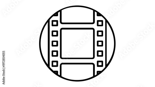 Minimalist Film Strip Vector Icon Illustration Featuring a Vertical Movie Reel Segment Inside a Circle; Scalable Flat Line Art Design for Cinema, Video Production, and Photography Media Projects.