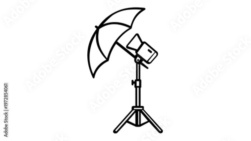 Professional Studio Lighting Equipment Vector Icon with Umbrella Reflector and Tripod Stand, Minimalist Line Art Illustration for Photography, Video Production, and Creative Media Projects.