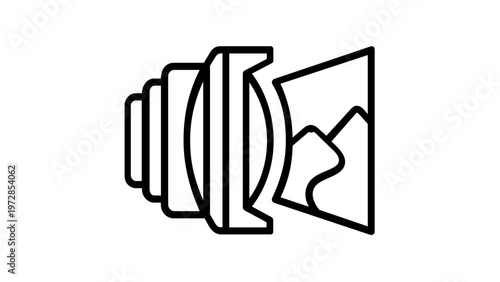Professional camera lens vector icon projecting a scenic mountain landscape photograph. Minimalist black line art illustration for photography studio, digital imaging, and creative media design.