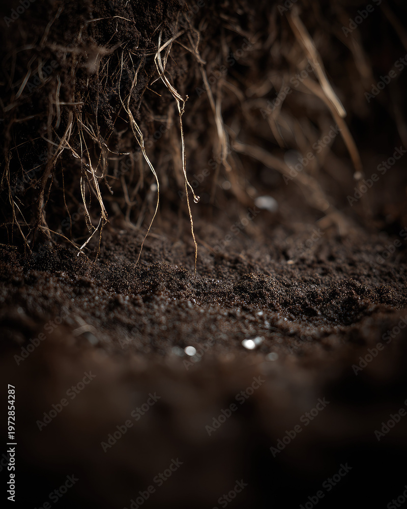 Fototapeta premium Perennial grain roots extend deeply into rich soil showing natural growth and healthy underground structure in close up earthy environment with organic texture