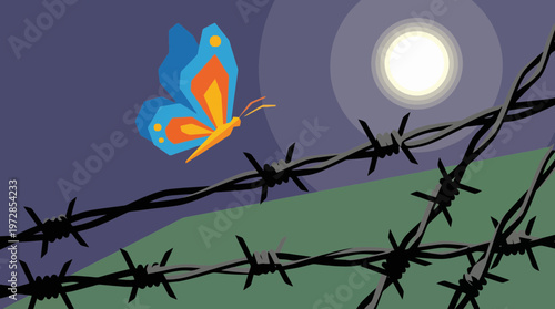 Abstract vector art of a butterfly flying over a barbed wire fence symbolizing hope and transformation