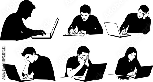 Collection of silhouette icons representing people working and studying at desks with laptops and notebooks, illustrating different postures and activities