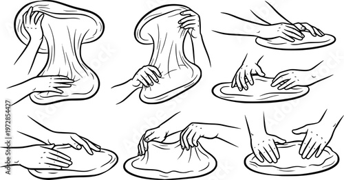 Set of stylized black and white illustrations depicting hands tossing and shaping pizza dough in various dynamic poses.
