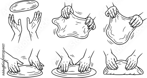 Set of stylized black and white illustrations depicting hands tossing and shaping pizza dough in various dynamic poses.
