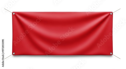 A horizontal red fabric banner with metal grommets and ropes isolated on a clean white background