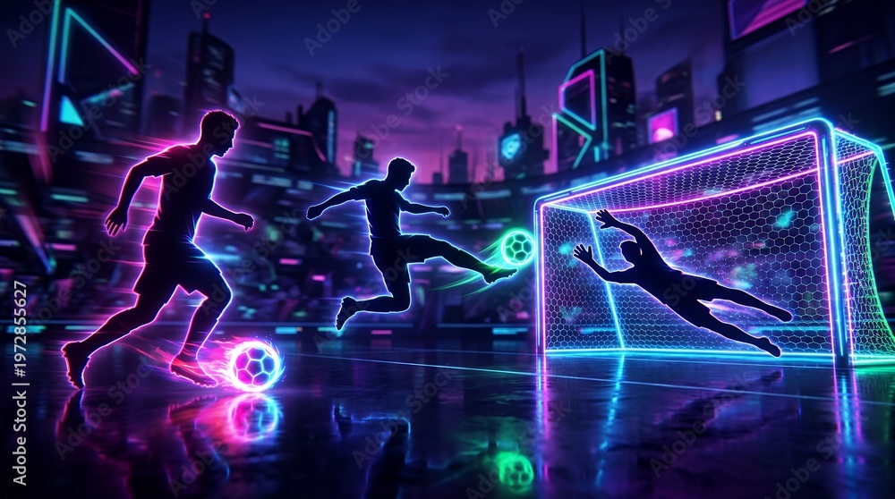 Obraz premium Futuristic glowing soccer players competing in a neon cityscape at night