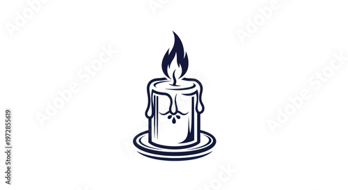 Burning Candle Flame with Dripping Wax on Plate, Minimalist Line Art Icon