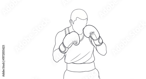Boxer in stance, line art, isolated on white background
