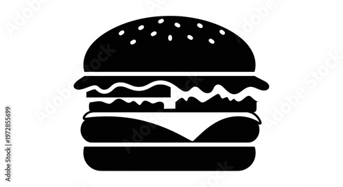 Minimalist Black Silhouette of a Double Cheeseburger Icon on White Background